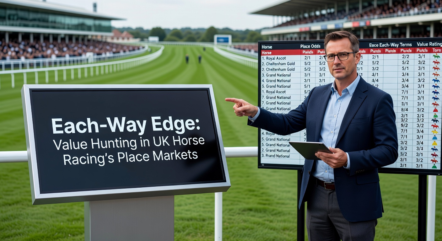 A vibrant UK racecourse scene with horses thundering down the straight, punters in the stands, and close-up focus on a each-way betting slip highlighting place payouts