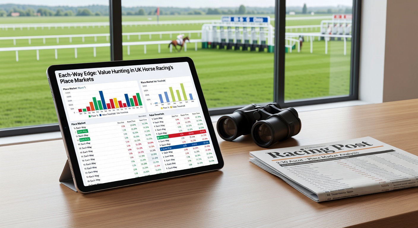 Close-up of a betting calculator on a laptop screen displaying each-way value computations for a UK race, surrounded by racecards and odds sheets