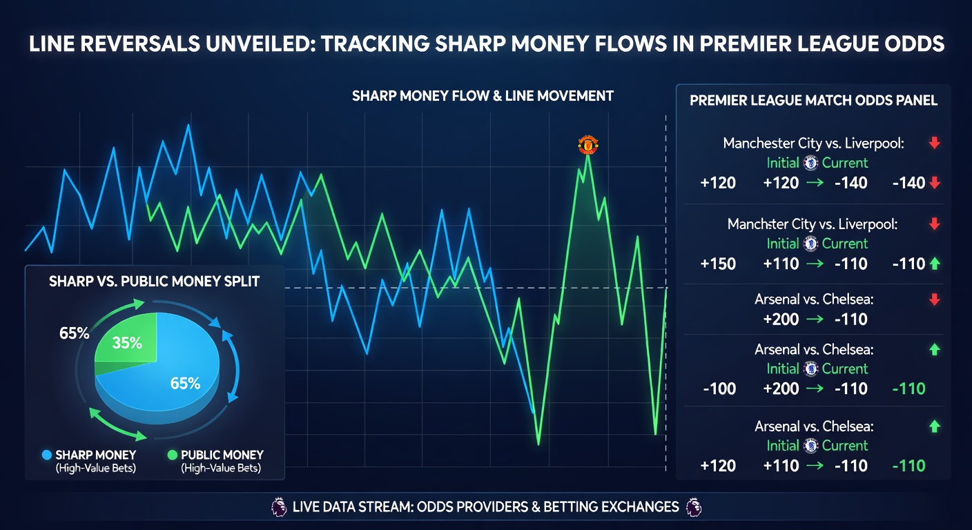 Screenshot of live Premier League odds tracker displaying a line reversal on Manchester United match total from 2.5 to 3.0 amid sharp under bets