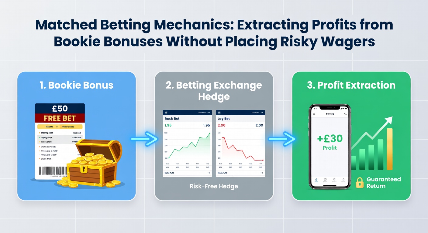 Infographic showing back and lay bet placements on a betting exchange alongside a bookmaker offer, highlighting profit extraction from free bets