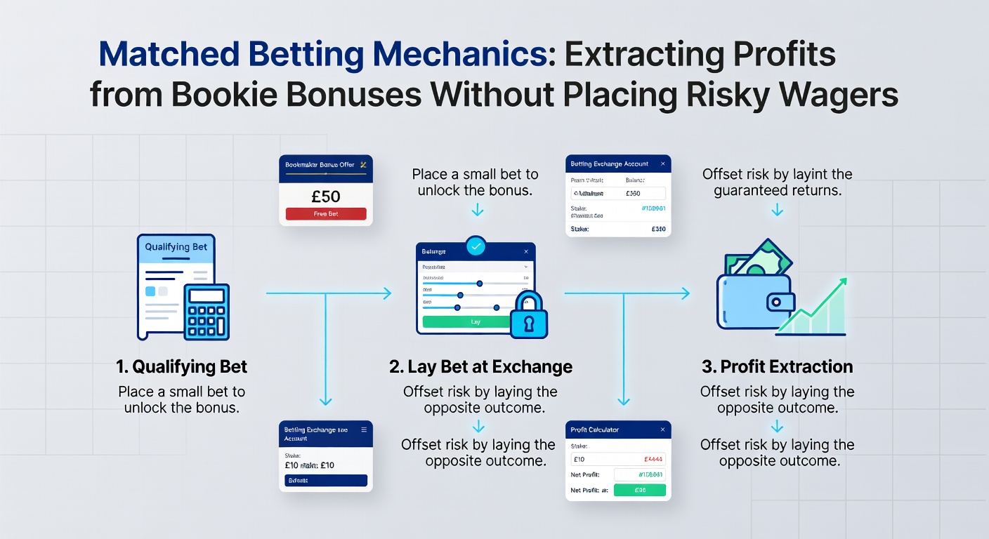 Screenshot of a matched betting calculator displaying stake inputs, odds, and projected profit for a free bet conversion, with example figures for a £25 bonus