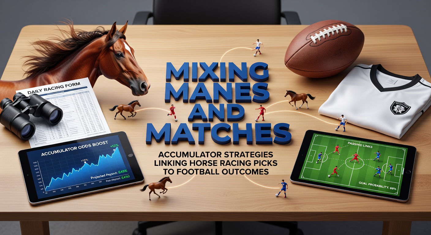 Vibrant scene of a horse race finish line merging visually with a football stadium crowd, symbolizing blended accumulator bets