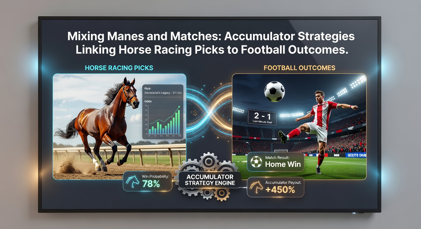 Dynamic graphic overlay of football goal celebration intertwined with galloping horses, illustrating accumulator fusion strategies