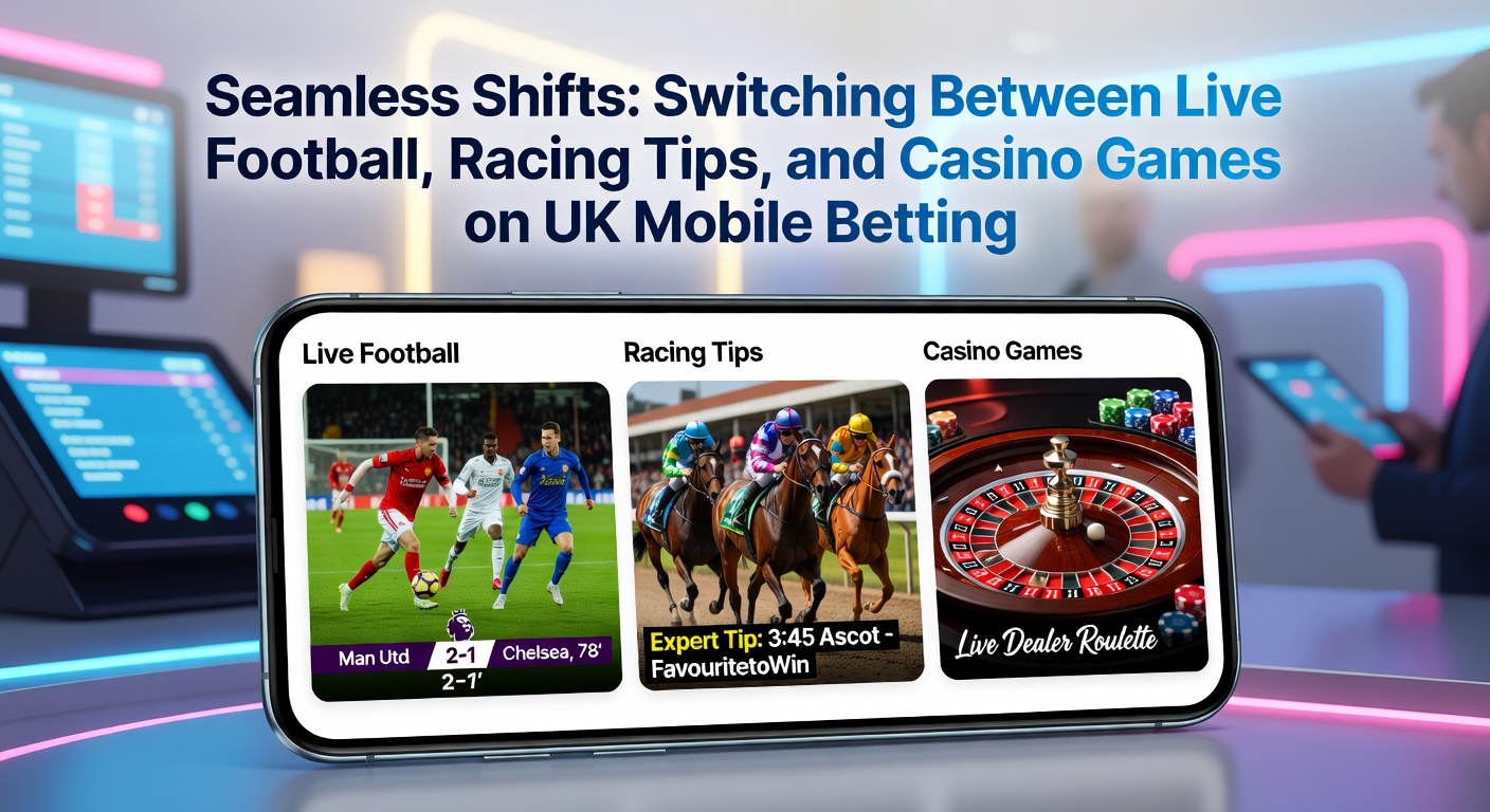 Smartphone displaying horse racing tips overlay with live odds, next to a paused football stream and casino game icon on a UK betting app