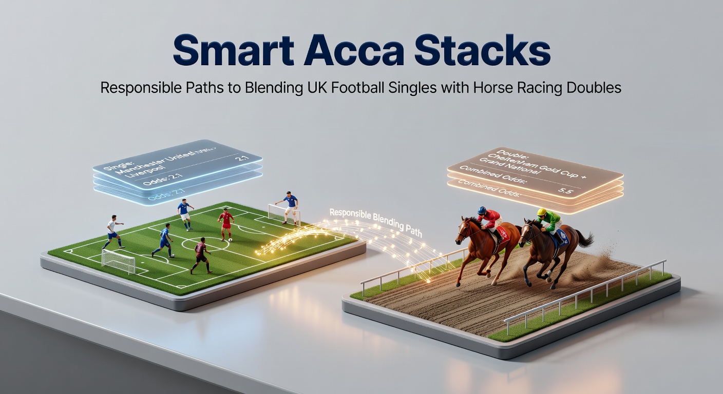 A dynamic split-screen graphic showing a Premier League football pitch on one side and a bustling UK horse racing track on the other, with overlaid betting slips highlighting singles and doubles