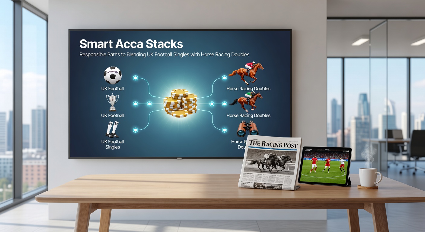 Close-up of a betting dashboard on a mobile screen displaying a blended stack: a football single on Arsenal vs Tottenham alongside a horse racing double from Aintree, with bankroll tracker and responsible gambling tools visible