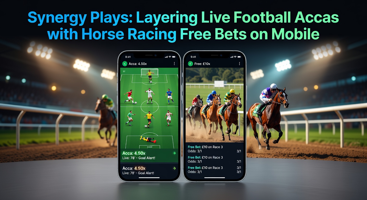 Mobile screen showing live football accumulator bet alongside horse racing free bet offer