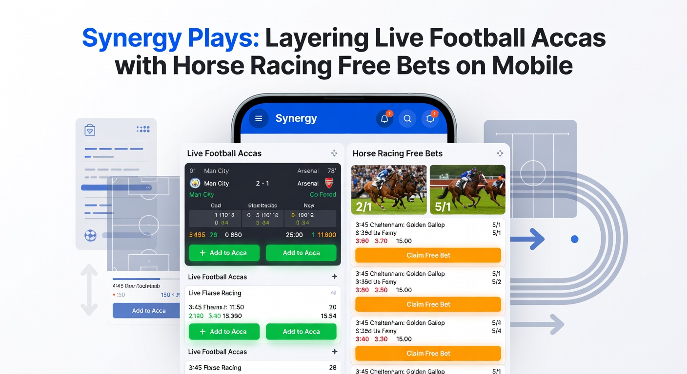 Split-screen mobile view of active football acca legs and activated horse racing free bet