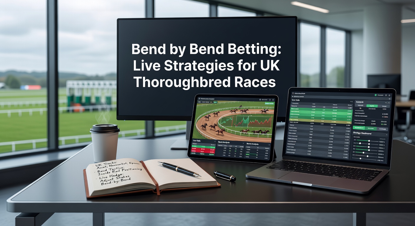 A dynamic shot of thoroughbred horses navigating a sharp bend during a UK race, highlighting live position shifts