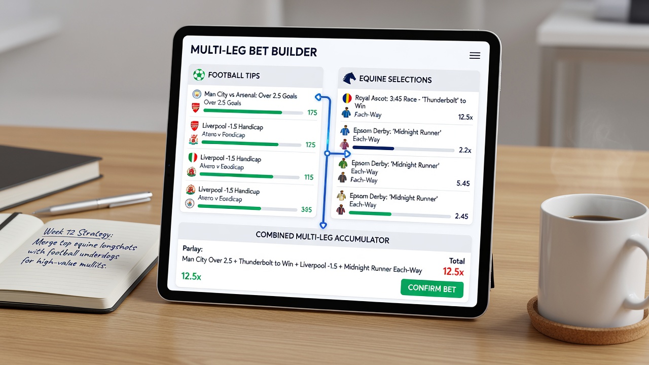 User constructing a multi-leg bet that merges a football accumulator with horse racing place selections inside a betting application