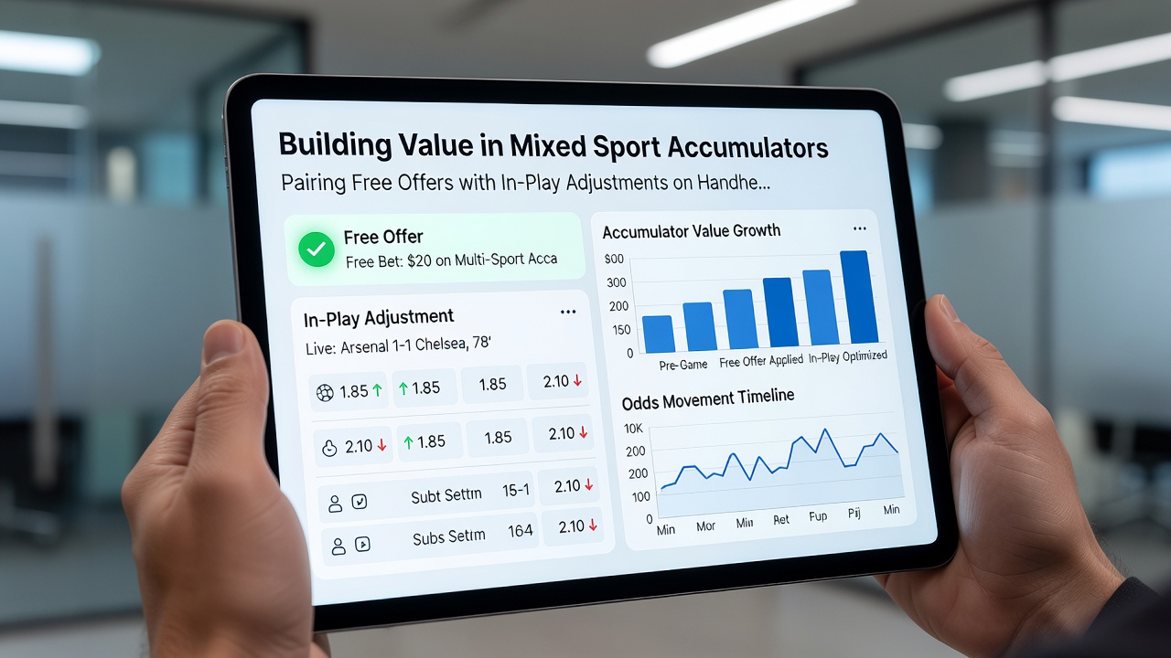 Close-up of tablet screen showing in-play accumulator adjustments across football and racing markets