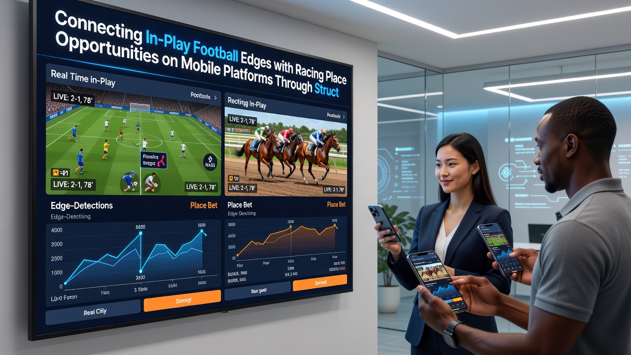 Dashboard view on a smartphone showing bankroll distribution between football in-play bets and racing place wagers with performance charts