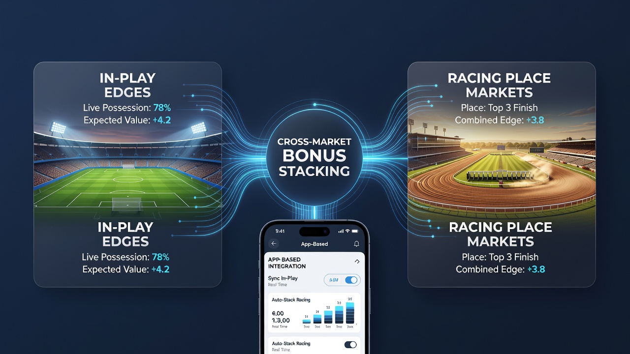Split-screen view of a betting app displaying live football statistics next to horse racing place market selections