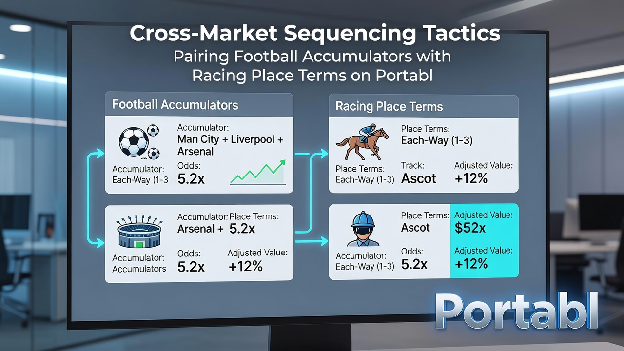 Portable device screen showing sequenced bets linking football accumulators to racing place terms