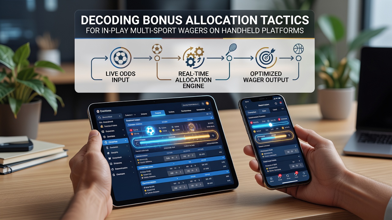 Smartphone screen displaying live multi-sport betting interface with bonus allocation options and real-time odds updates