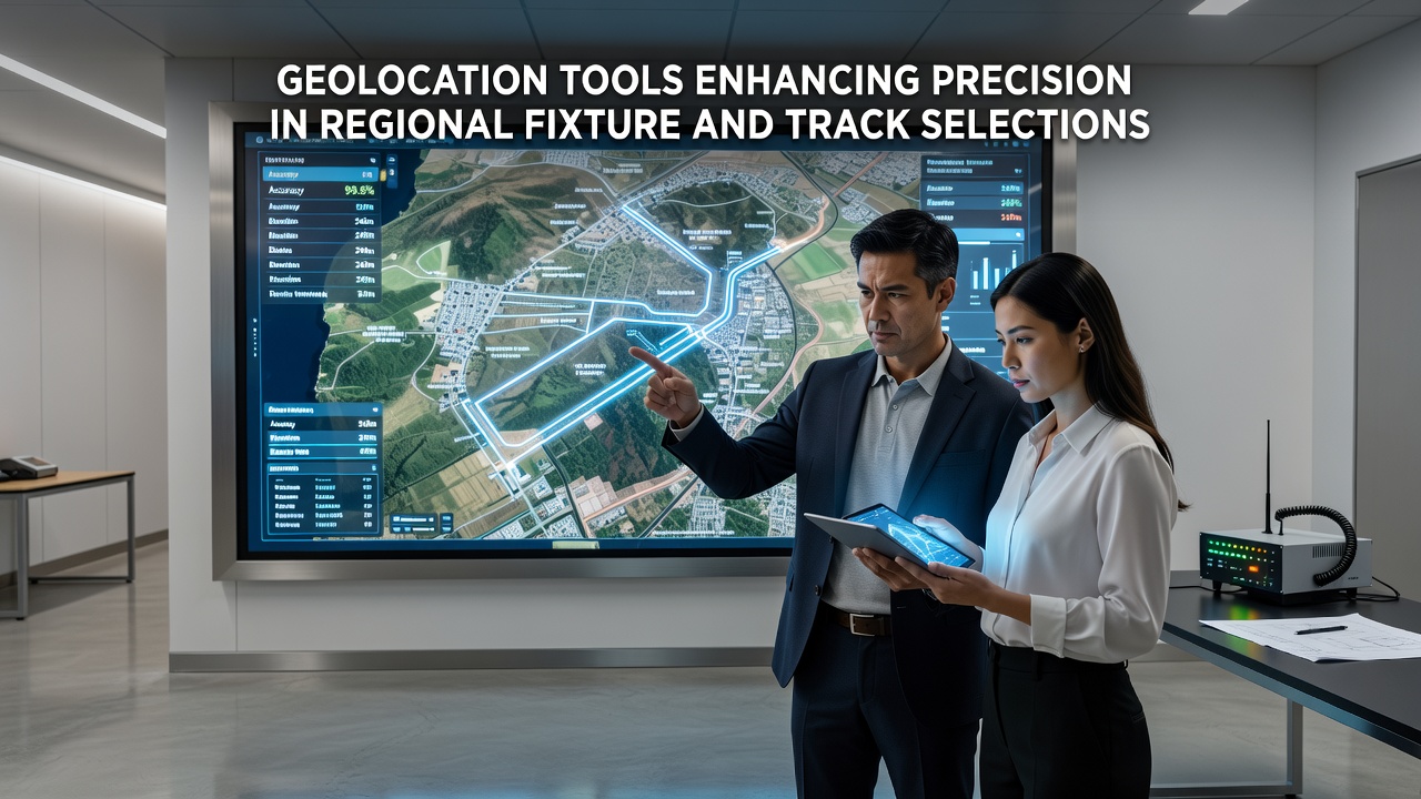 Geolocation mapping interface displaying regional sports fixtures and racing tracks with precision overlays