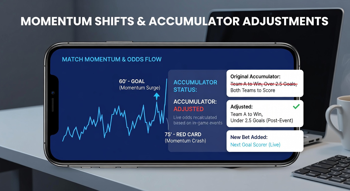 Mobile betting app interface displaying accumulator adjustments during a live football match with momentum indicators
