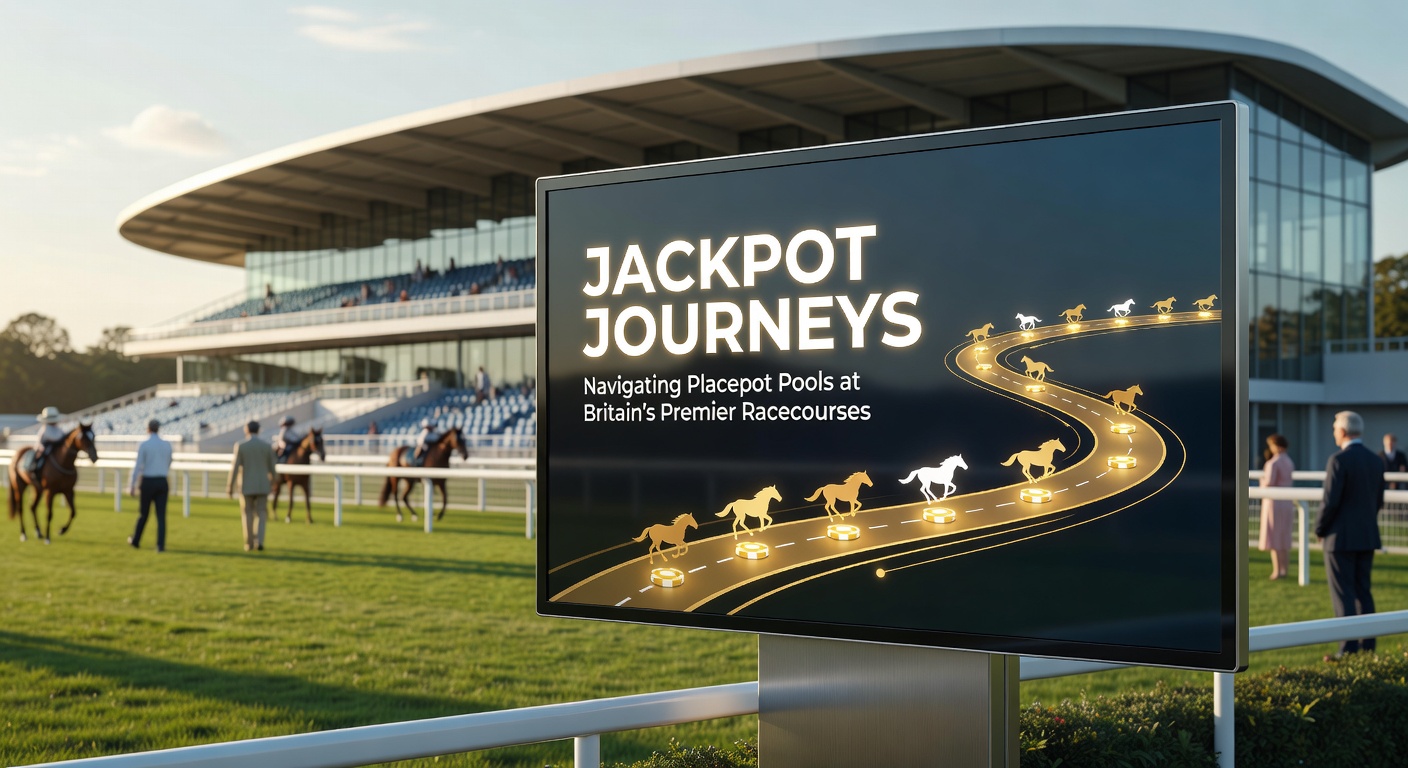Vibrant scene of racehorses thundering down the track at a packed British racecourse, with punters in the stands eyeing the Placepot board