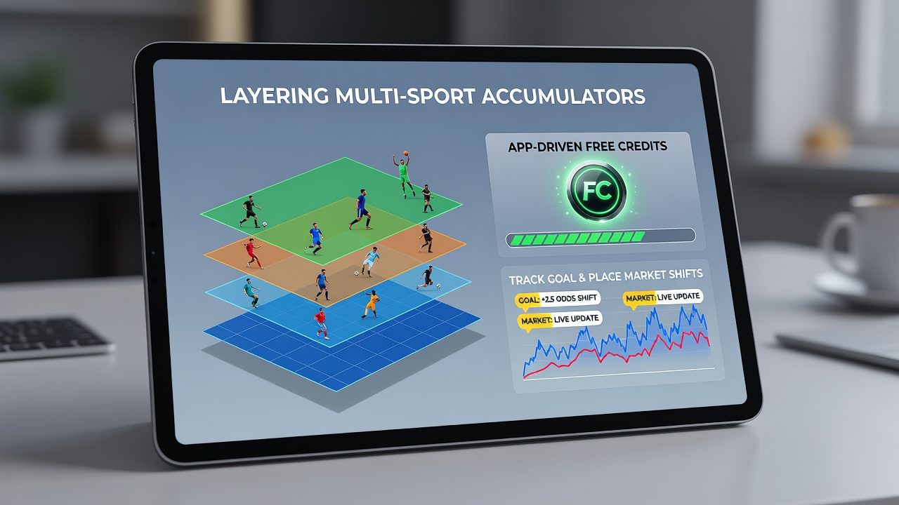 Dashboard view displaying live accumulator tracking with goal market updates and horse racing place odds alongside free credit allocation sliders