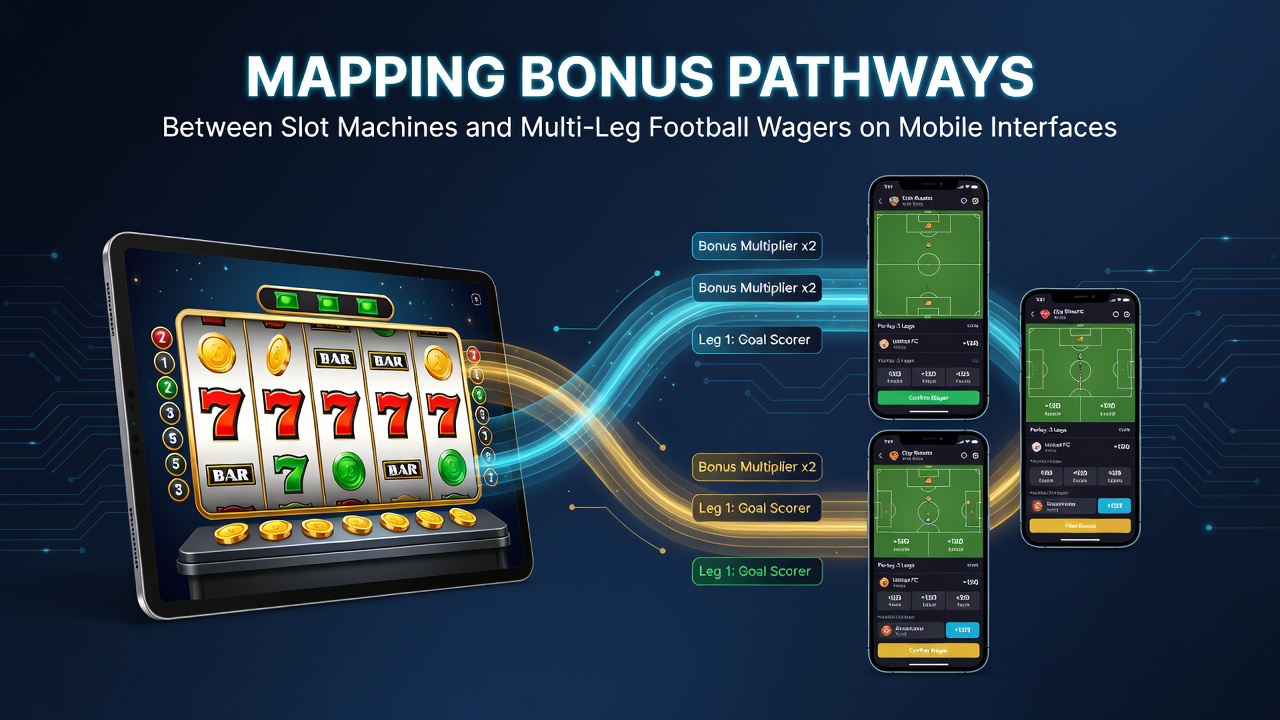 Mobile screen showing interconnected slot bonus icons transitioning to football accumulator selections