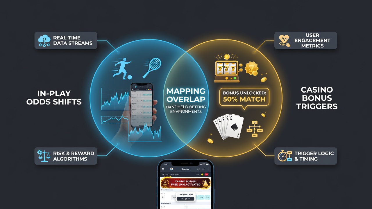 Visualization of in-play odds shifts overlapping with casino bonus triggers on mobile betting interfaces