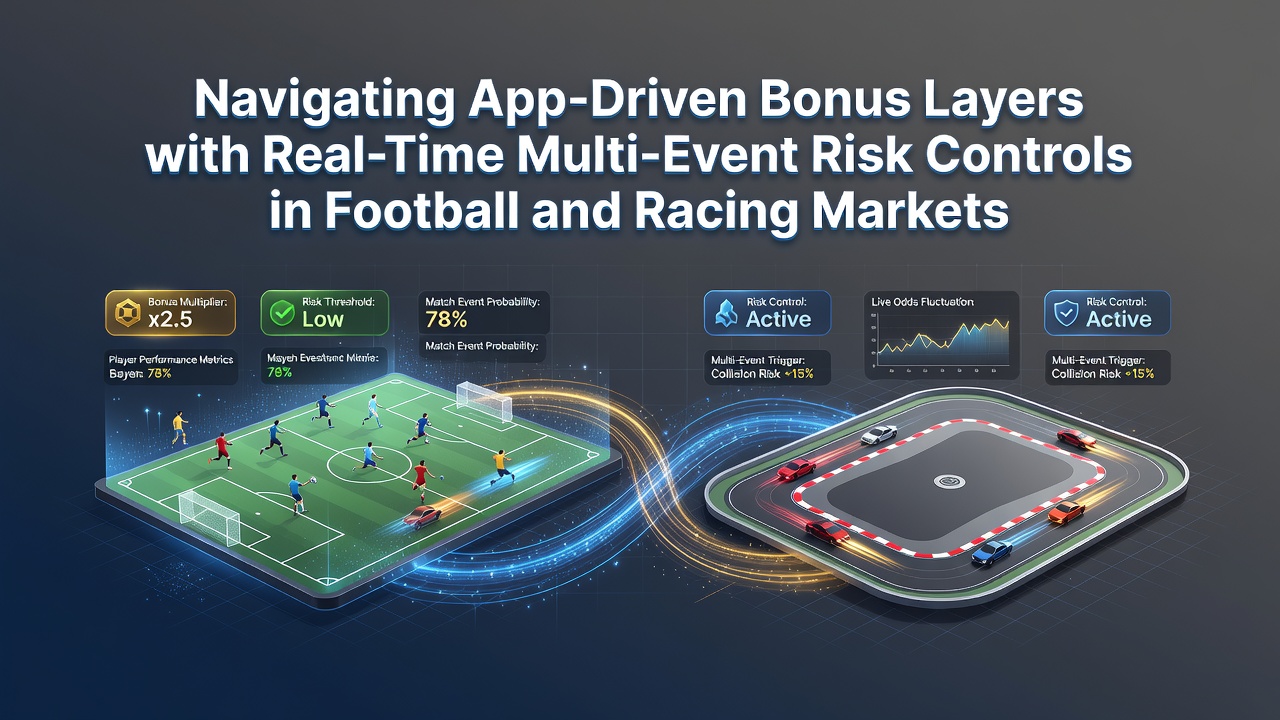 Mobile betting app interface displaying layered bonuses and real-time risk indicators for football and racing events