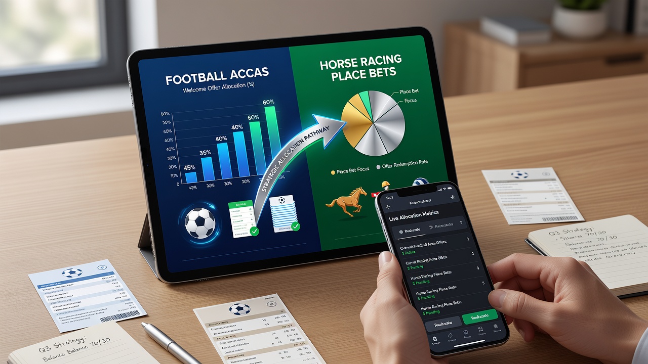 Smartphone screen displaying football accumulator and horse racing betting options with welcome bonus indicators