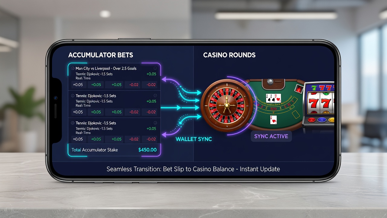 Mobile interface showing synchronized wallet balance during accumulator bet setup transitioning to casino game selection